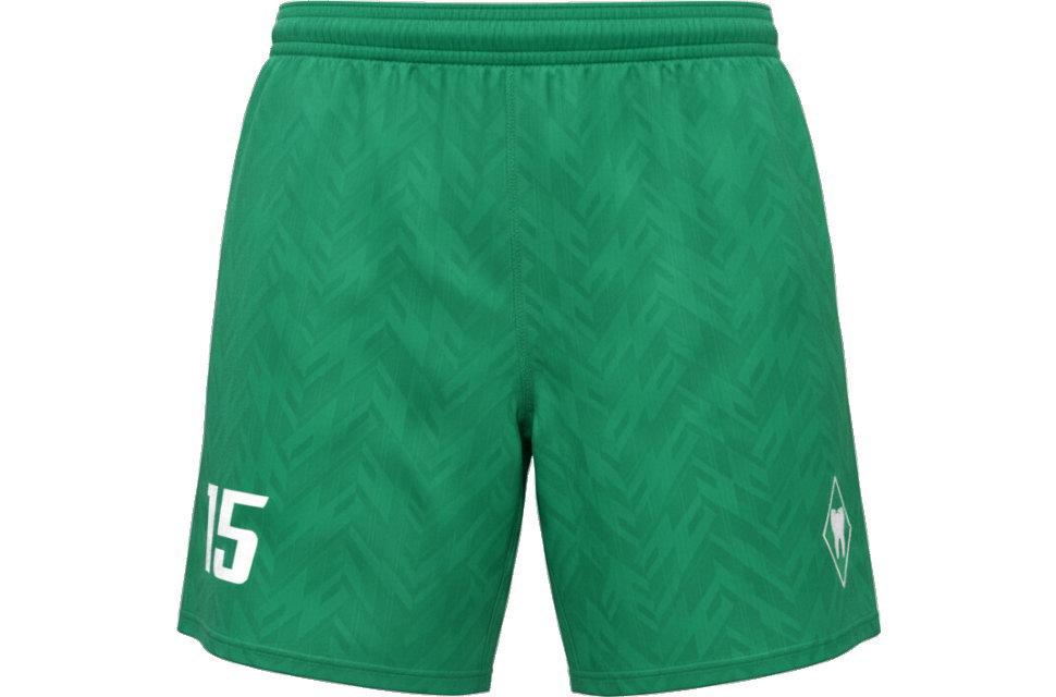 ヴェルダー・ブレーメン2024-25シーズンモデル 歯のロゴと背番号15が入ったサッカーショーツの3Dモックアップ