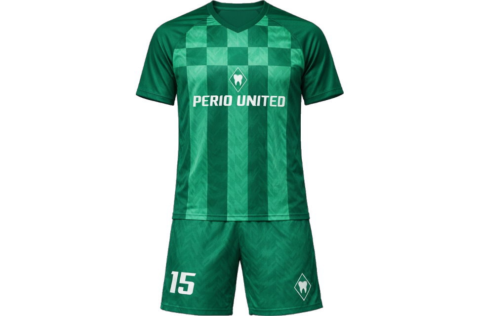 ヴェルダー・ブレーメン2024-25シーズンモデル PERIO UNITEDのサッカーユニフォームとショーツの上下セットアップ正面図