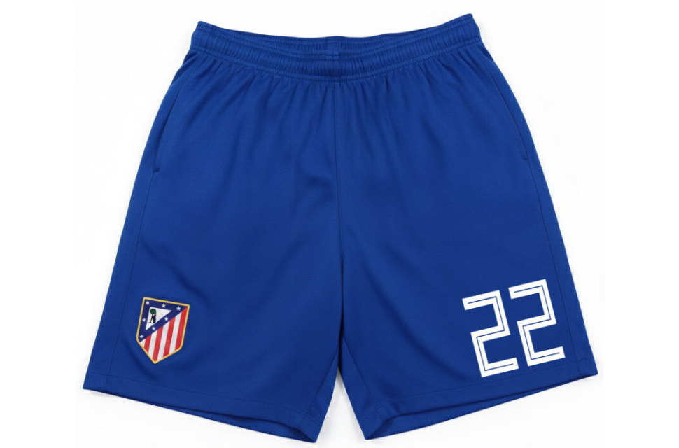 セットアップ用のブルーのサッカーパンツ。右裾にチームロゴ、左裾に背番号22を配置。アトレティコ風の上下セットで作れる高品質なスポーツショーツ。