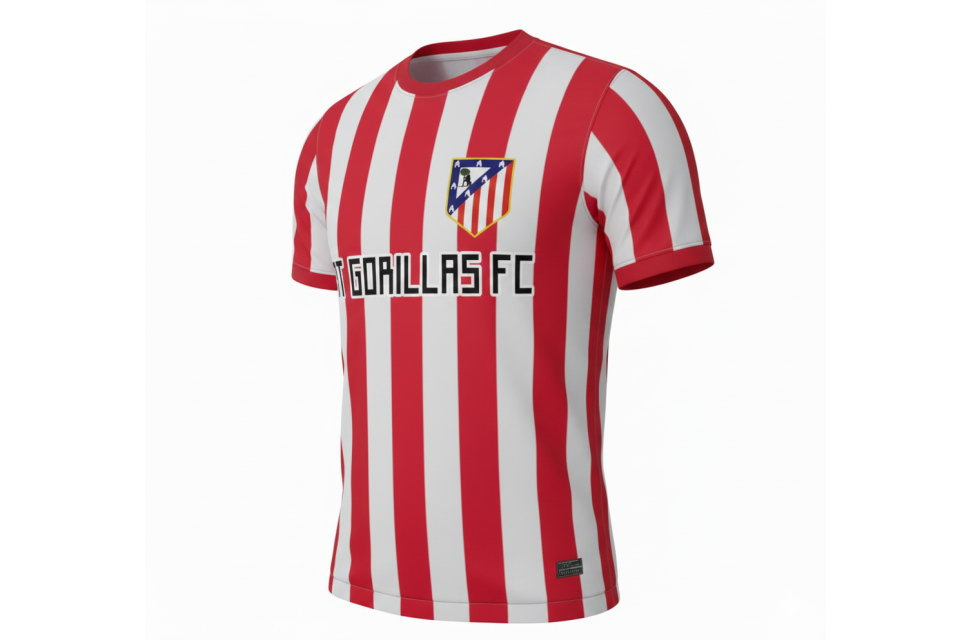 斜めから見たアトレティコ風サッカーシャツ。全面昇華プリントによる色鮮やかな赤白ストライプと立体的なシルエットが特徴のクラスTシャツ・チームオーダー用サンプル。
