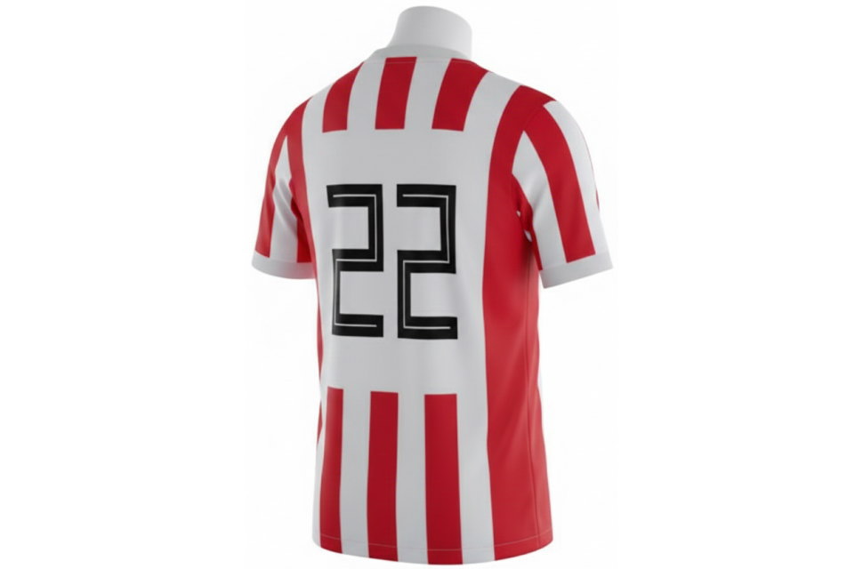 立体的な背面デザイン。アトレティコ2024-25シーズンスタイルの赤白ストライプに黒の背番号。大学サークルやフットサルチームに人気のラリーガ風カスタムユニフォーム。