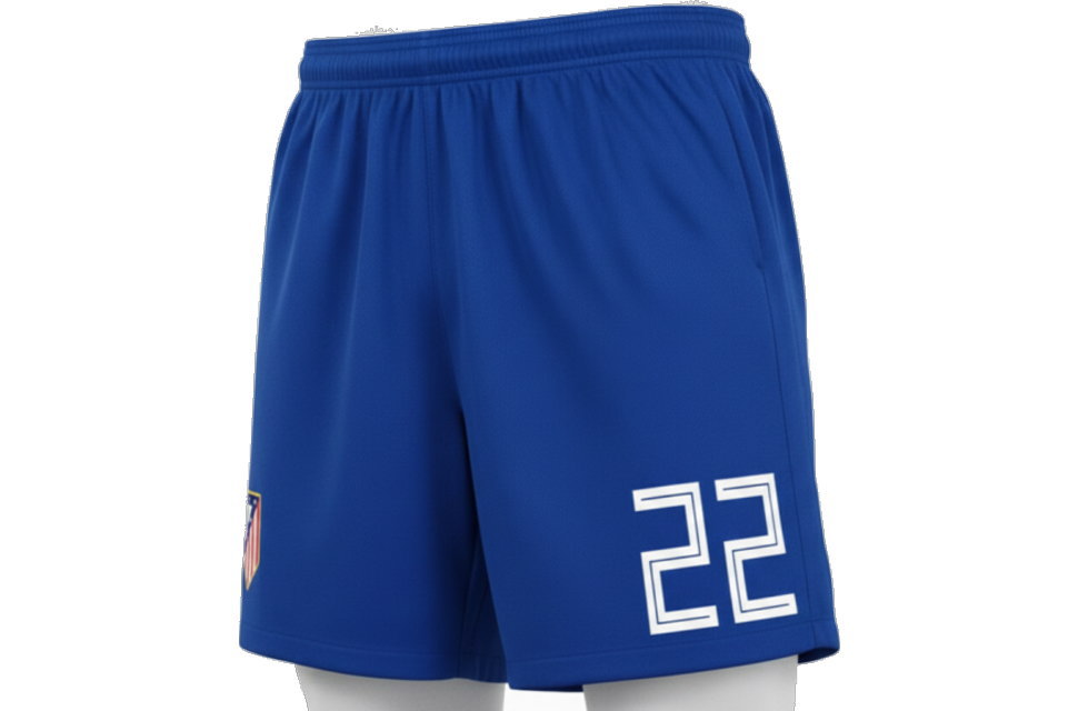 着用イメージを再現したブルーのサッカーパンツ。速乾性に優れた素材に背番号とロゴをプリント。サッカーやフットサル、学園祭のクラスTシャツとしておすすめ。