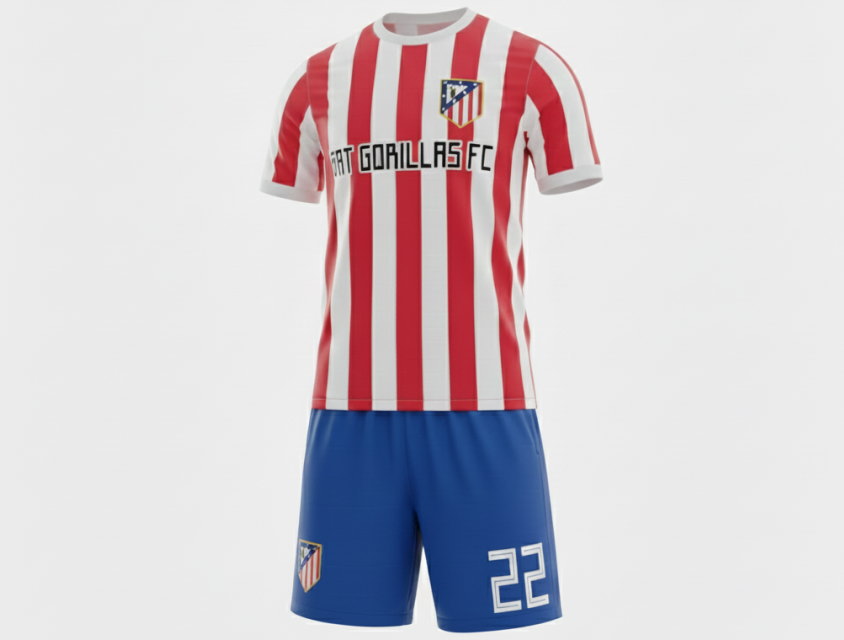 アトレティコ・マドリード2024-25風サッカーユニフォームの上下セットアップ完成イメージ。東京都のチームがオーダーした、全面昇華プリントの高品質なクラスTシャツ例。
