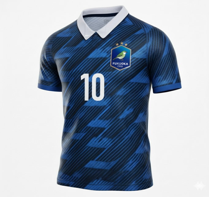 白い襟付きのサッカーユニフォーム前面。左胸にチームロゴ、中央に番号10を配置した昇華プリントのオーダーシャツ。