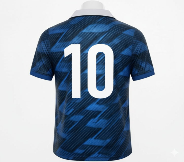 サッカーユニフォームの背面デザイン。フランス代表風のグラフィックに、白い大きな背番号10が昇華プリントされたバックスタイル。