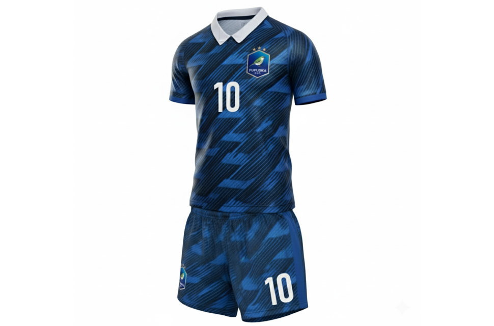 福岡のサッカーチームが作成したフランス代表風サッカーユニフォームの上下セットアップ。全面昇華プリントのネイビーデザイン。