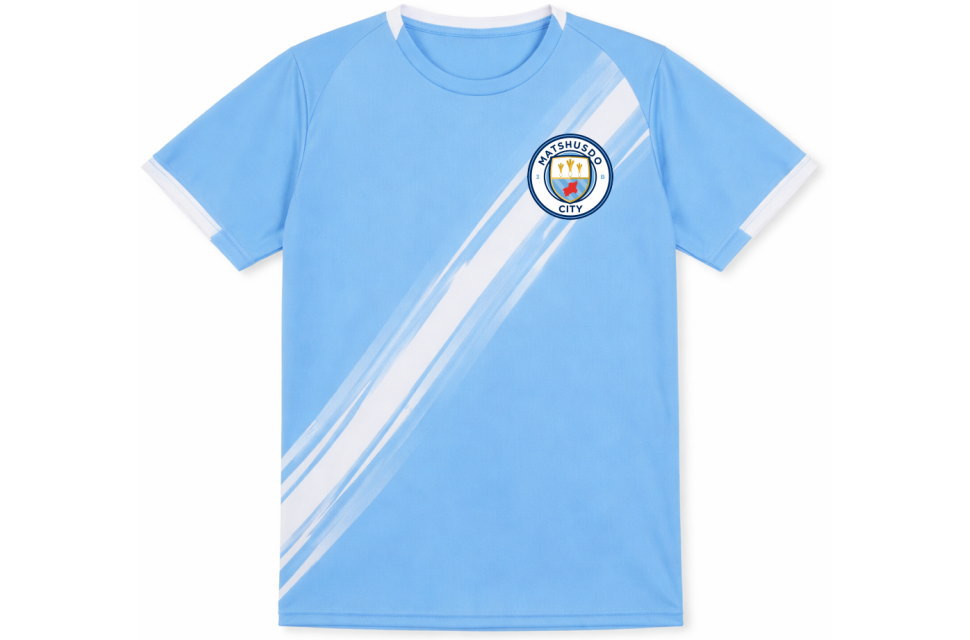 マンチェスターシティ2025-26風のクラスTシャツ。スカイブルーに白の斜めラインが入ったサッカーユニフォームデザインの前面。千葉県松戸市の高校向け制作事例。