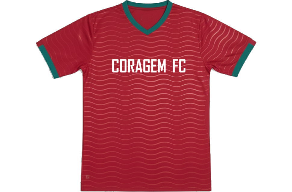 静岡県浜松市のサッカーチーム用ユニフォーム。ポルトガル代表風の赤色デザインにチームロゴとCORAGEM FCの胸文字を全面昇華プリント
