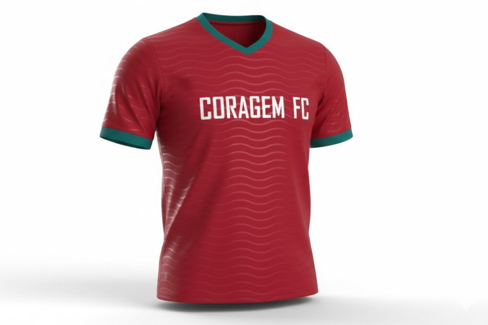 クラスTシャツやサークルで人気のポルトガル代表風サッカーシャツ。Vネックと袖口にグリーンの配色を施した全面昇華プリントの着用イメージ