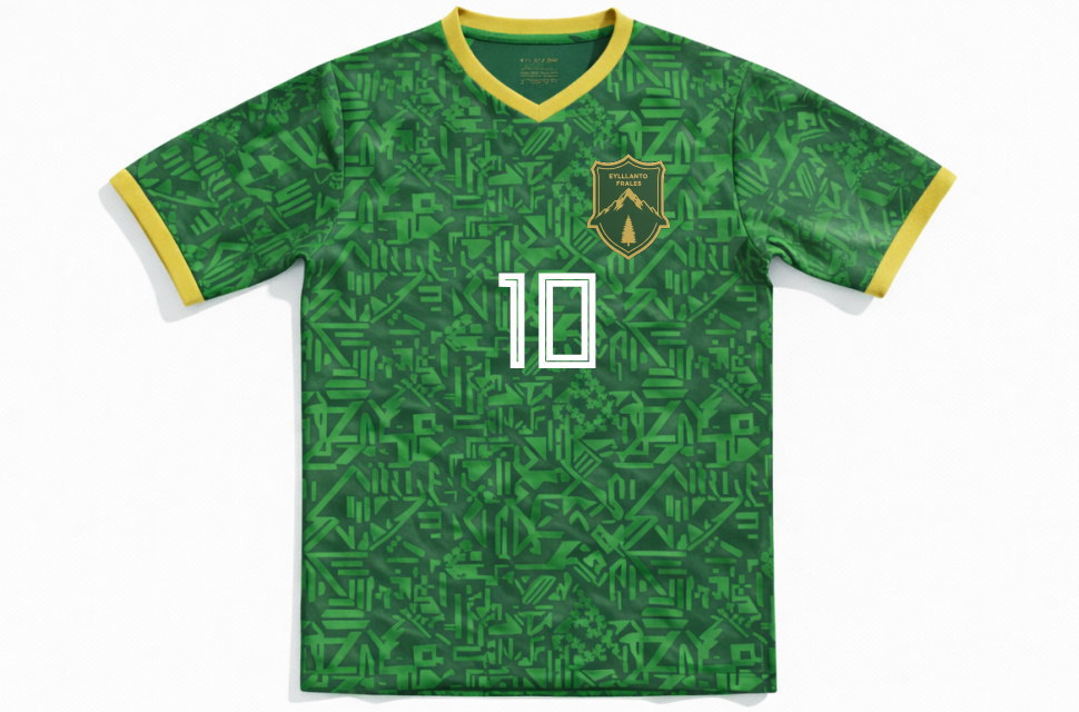 岐阜県飛騨地方のチーム向けオーダーメイドサッカーユニフォーム。緑の幾何学模様に黄色い襟が特徴のフル昇華プリントシャツ前面