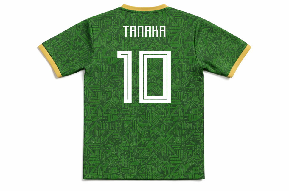 サッカーユニフォームの背面デザイン。白い文字の選手名と背番号10が映える、緑ベースのオリジナル昇華プリントクラスTシャツ