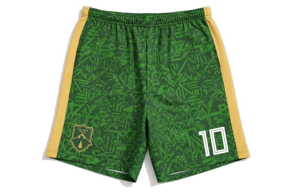 セットアップのサッカーパンツ。サイドに黄色のラインを配し、右裾にチームロゴ、左裾に番号を印刷したフル昇華プリントデザイン