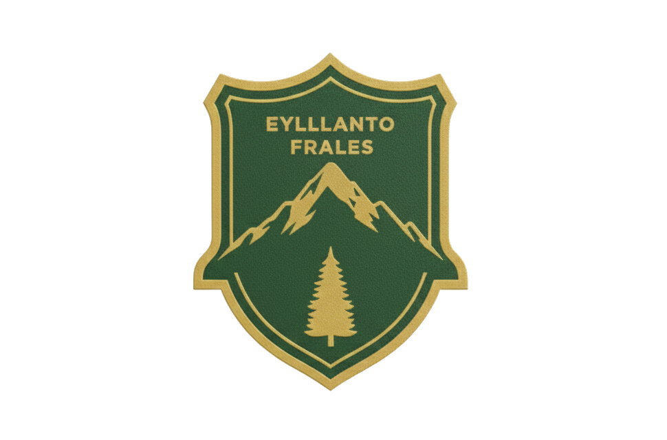 飛騨の山々と木をモチーフにしたチームロゴエンブレムのクローズアップ。昇華プリントによる高精細なゴールドカラーの表現