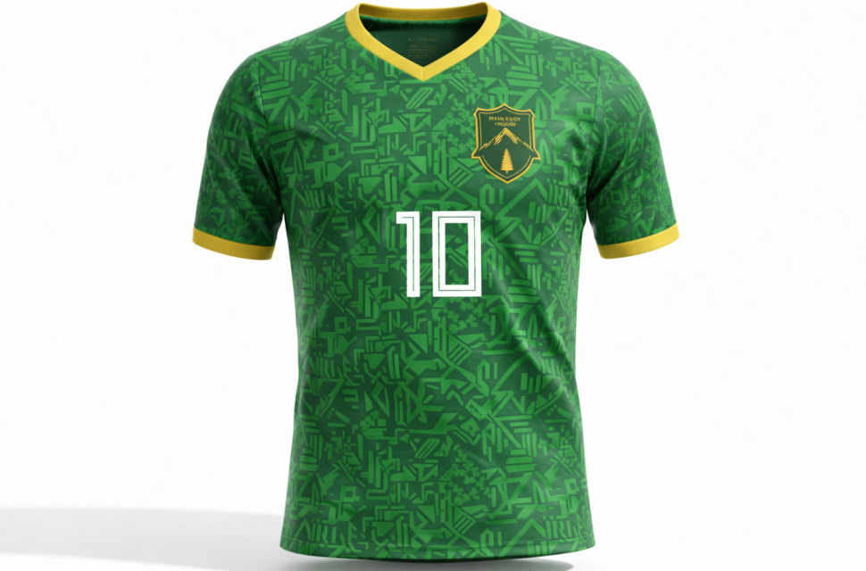 Vネック仕様のサッカーユニフォーム着用イメージ。クラスTシャツや大学サークルでも人気の高い、緑と黄色のコントラストが美しいデザイン