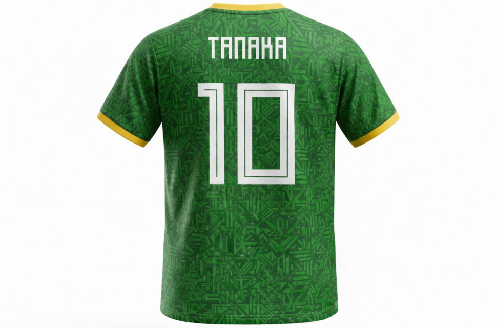 立体的な背面ディスプレイ。TANAKAの名前と10番の白い背番号が視認性抜群の、オーダーメイドサッカーユニフォームの仕上がり