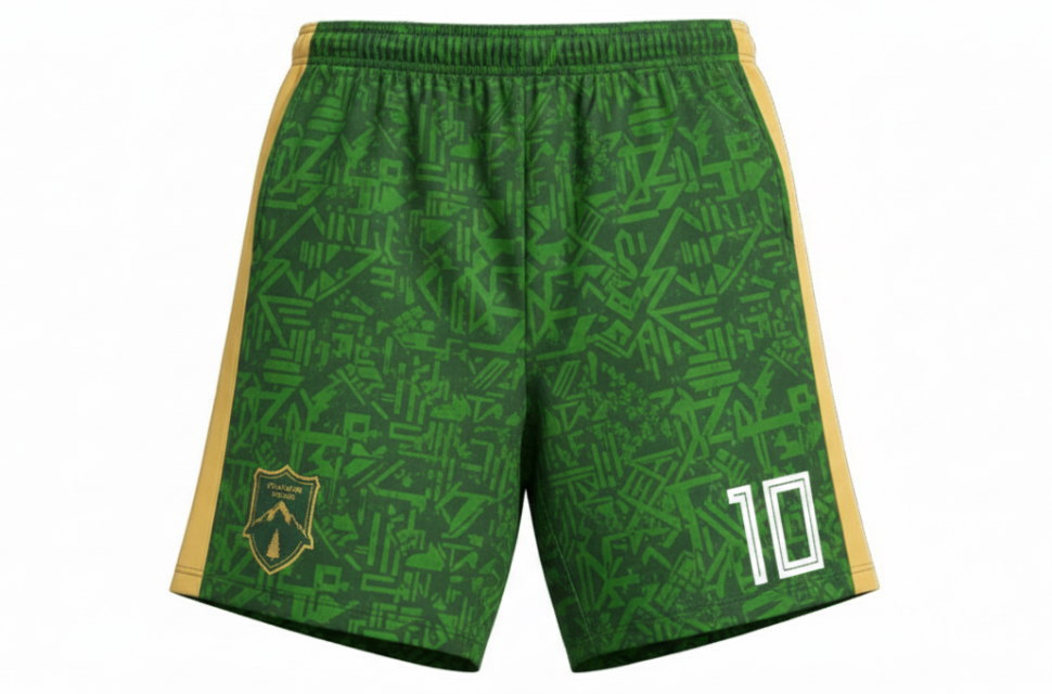 激しい動きに対応する昇華プリントサッカーパンツの着用イメージ。番号とロゴが生地と一体化し、剥がれにくい高耐久なチームウェア