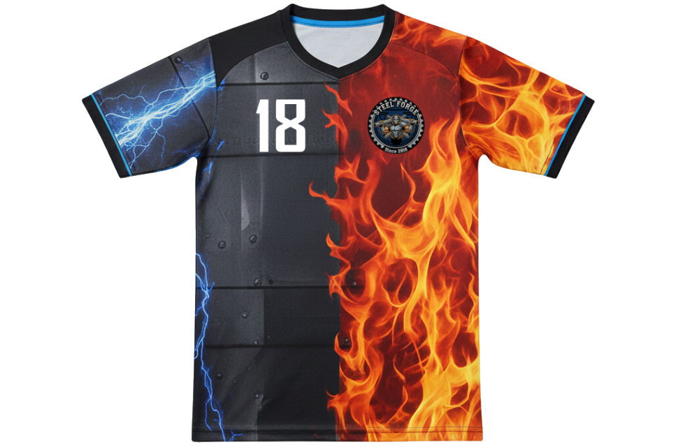 愛知県の鉄鋼会社サッカーチーム様向けオーダーメイドユニフォーム。炎と稲妻のフル昇華プリントデザイン、右胸に番号18、左胸にチームロゴを配置したフロントビュー。