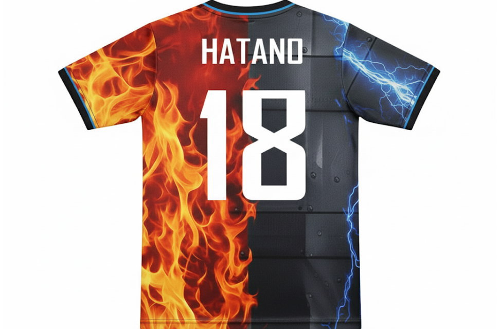 サッカーユニフォーム背面のオーダーメイドプリント。白いフォントの選手名HATANOと背番号18。炎と鉄板がクロスオーバーする高品質な昇華プリント仕上げ。
