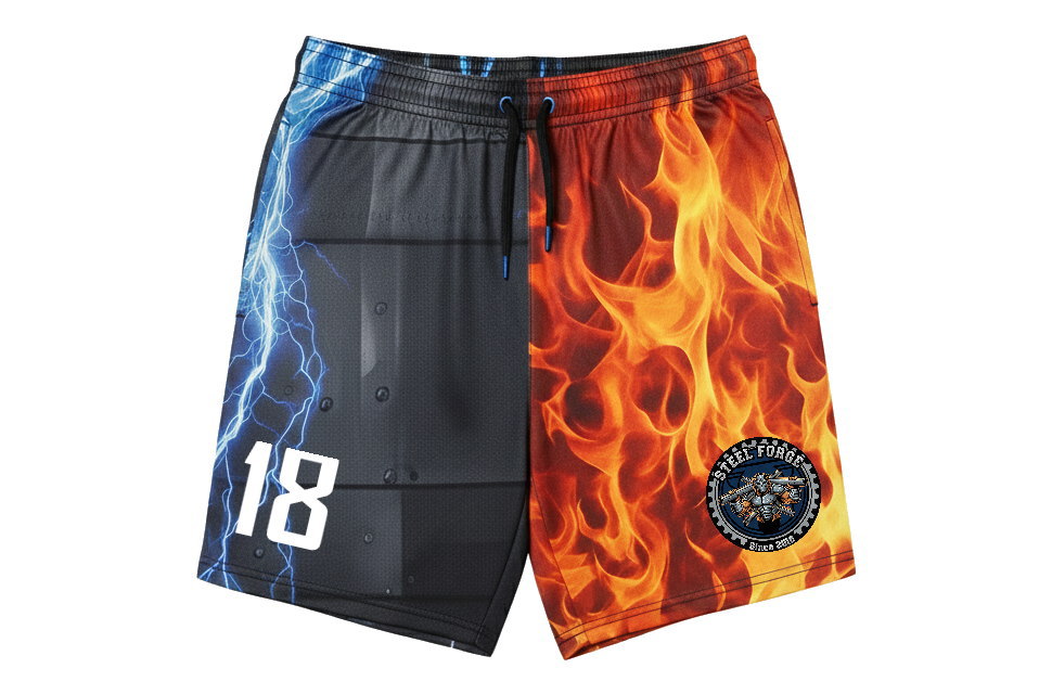 セットアップ用のオーダーメイドサッカーパンツ。シャツと連動した炎と稲妻の全面プリントデザイン。右裾に番号、左裾にチームロゴを施した昇華プリント仕様。