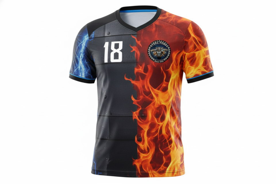 フル昇華プリントサッカーユニフォームの3Dシミュレーション。鉄鋼会社の力強さを表現した炎とメタルの立体的なデザイン。クラスTシャツの作成イメージにも最適。