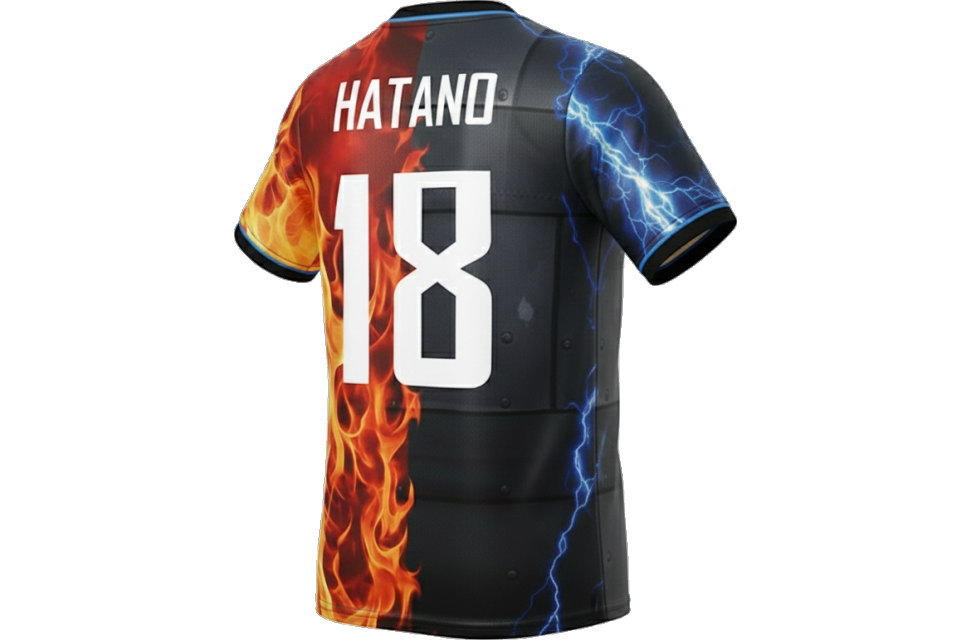 オーダーメイドサッカーシャツの背面斜めイメージ。360度どこから見ても鮮やかなフル昇華プリント。剥がれないネーム・ナンバープリントの質感を確認可能。