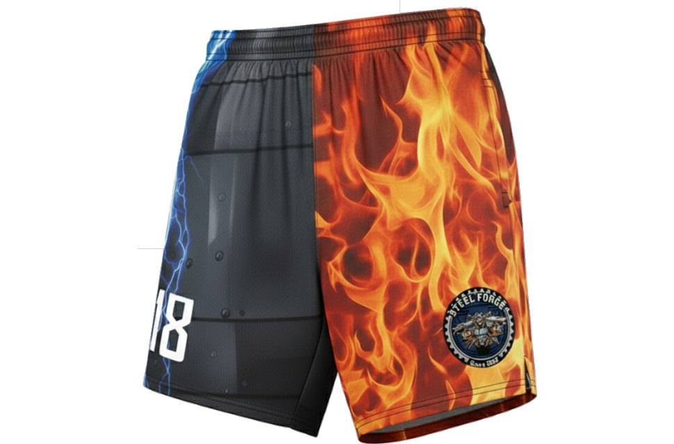 カスタムデザインのサッカーパンツ3Dビュー。サイドまで回り込んだ迫力ある炎のグラフィック。大学サークルや社会人チームのセットアップ作成例。