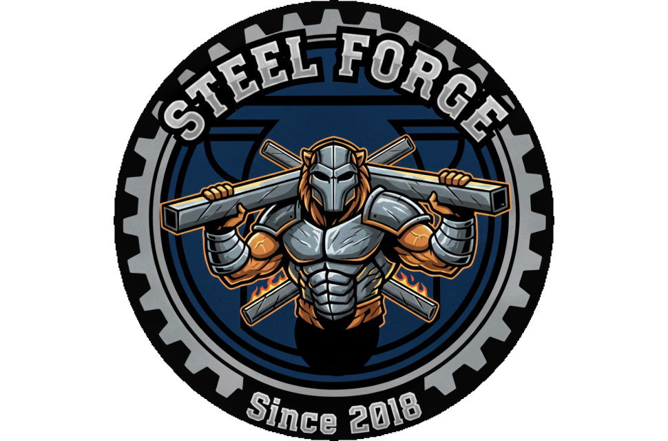 サッカーチーム「STEEL FORGE」のオリジナルエンブレム詳細。歯車と戦士をモチーフにした緻密なロゴもフル昇華プリントなら鮮明に再現可能。