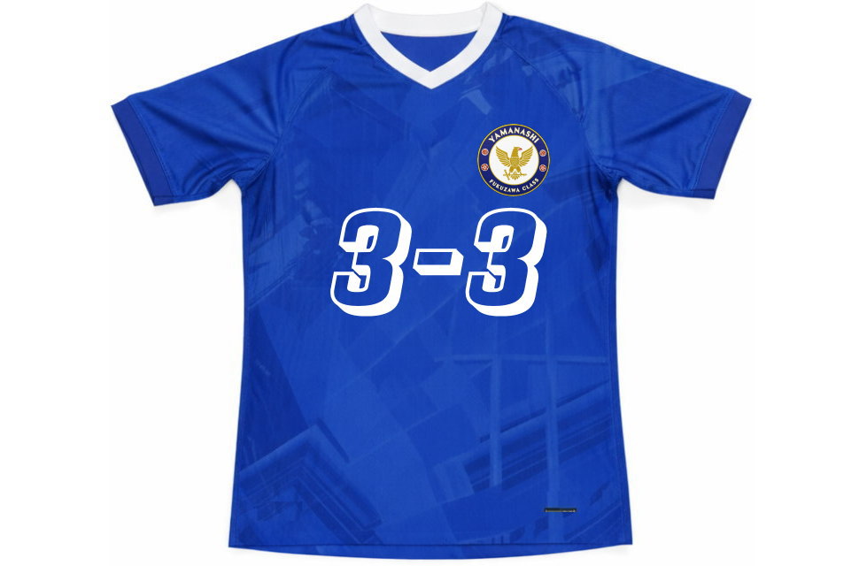 チェルシー2025-26風デザインのクラスTシャツ前面。山梨県甲府市の高校向けに作成されたブルーの昇華プリントサッカーユニフォーム