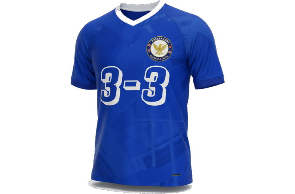 斜め前から見たチェルシー風クラスTシャツの3Dイメージ。全面昇華プリントによる複雑な幾何学模様とVネックのディテール