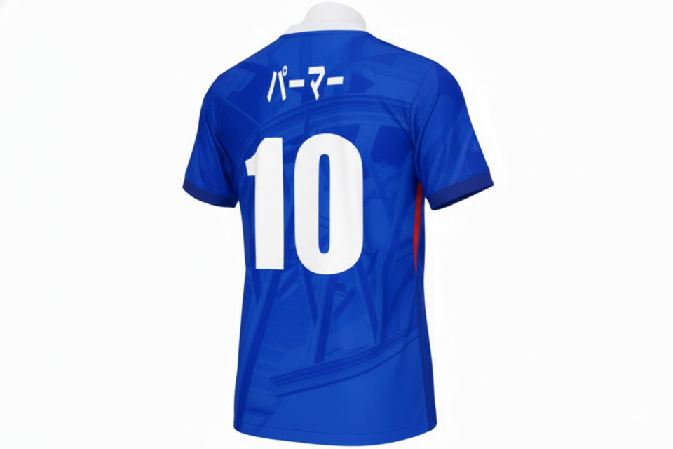 斜め後ろから見たサッカーユニフォーム風クラスTシャツ。個別名入れに対応した背ネームと、動きやすいスポーツ素材の質感を再現