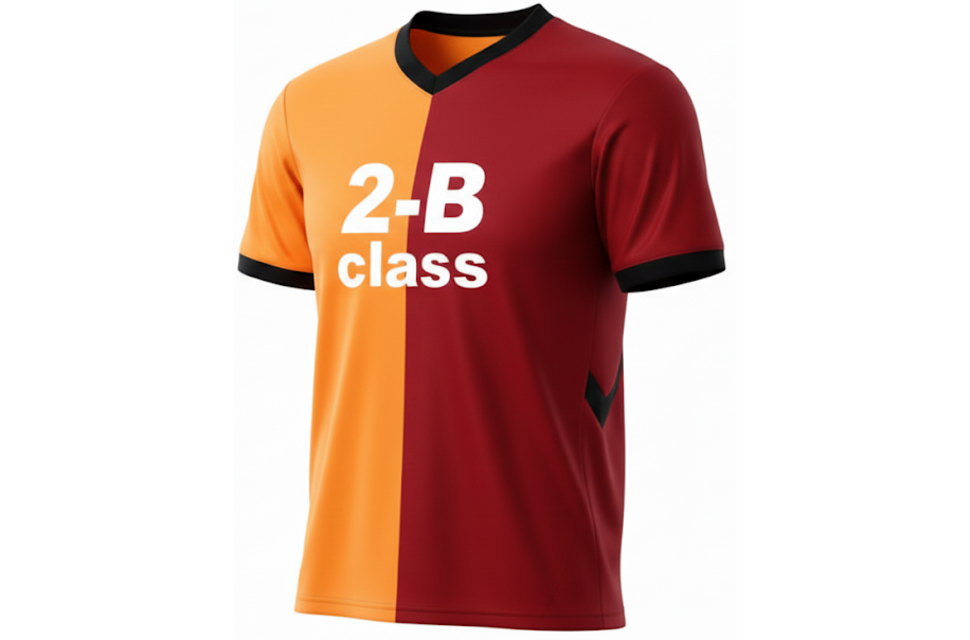 宮城県の高校生がデザインしたガラタサライ風サッカーユニフォーム。Vネックと袖口の黒ラインが特徴的な、体育祭・学園祭向けの高品質クラスTシャツ