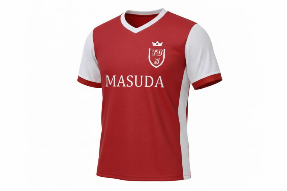 長野県の高校生がデザインしたスタッド・ランス風サッカーシャツの3D着用イメージ。Vネックとサイドの白ラインが特徴の高品質な昇華ユニフォーム。