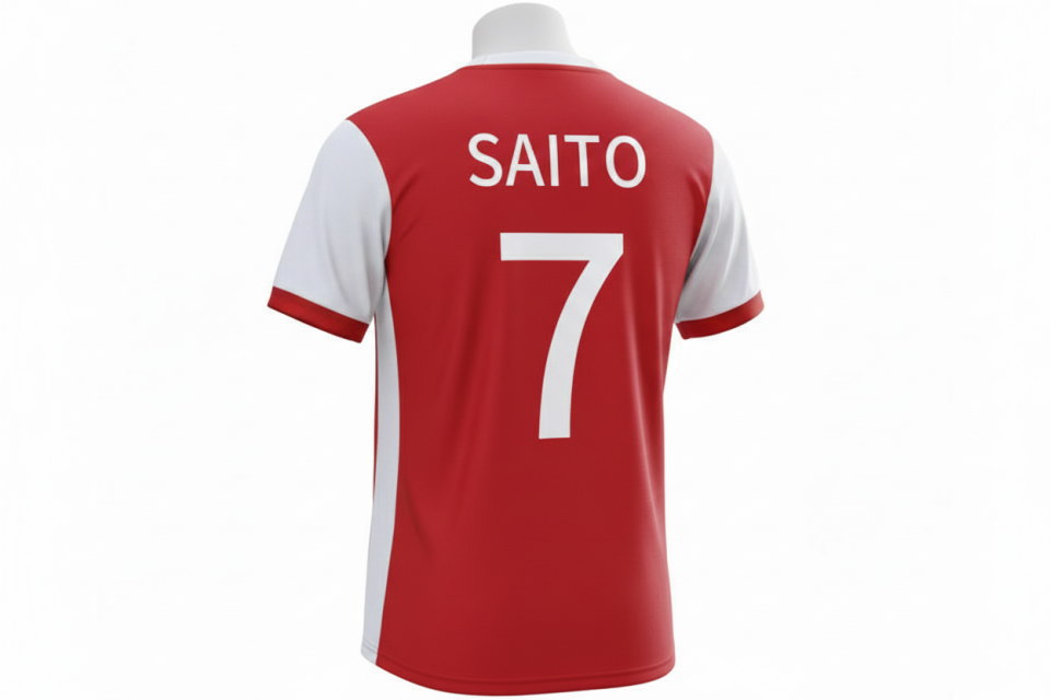 クラスTシャツの背面3Dモデル。赤地に白の背番号が映えるスタイリッシュなデザイン。大学サークルやフットサルチームのオーダーにも人気。