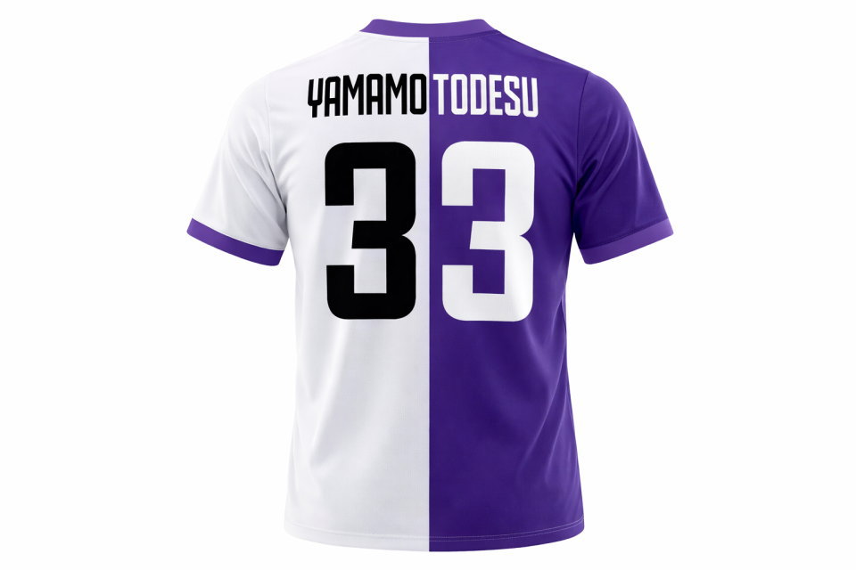 背中から見たクラスTシャツの着用シミュレーション。アルファベット、日本語、記号も自由にプリント可能な全面昇華プリントのサッカーユニフォーム。団体・サークル向けの高品質な仕上がり。