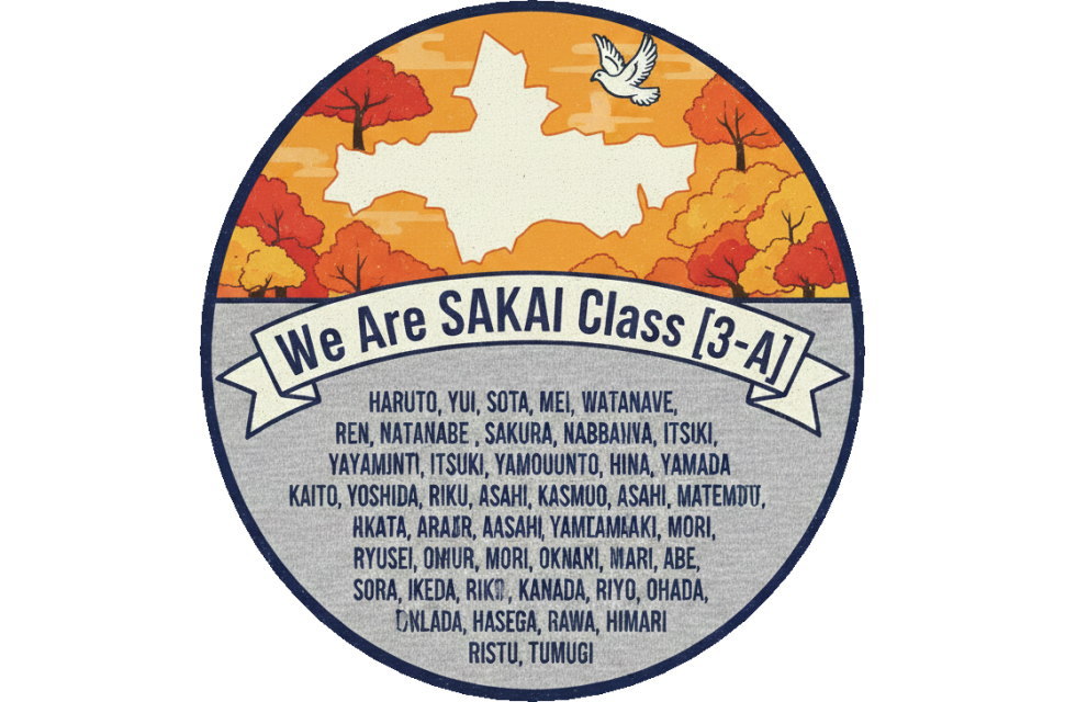 クラスTシャツ用オリジナル背面ロゴの拡大図。オレンジの背景に鳩と紅葉、広島県のシルエット、クラス全員の名前を刻んだ昇華プリントデザイン。