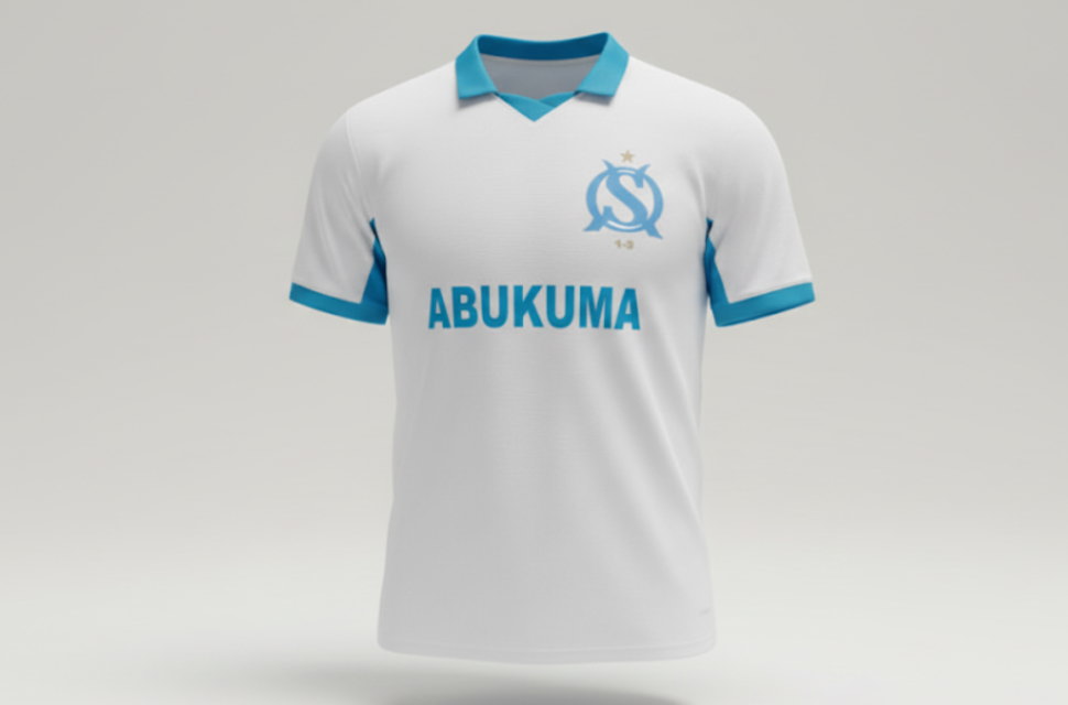 3Dモデルで見るマルセイユ風サッカーシャツ。Vネック襟と袖の切り替えが特徴の、おしゃれなクラスTシャツ制作サンプル。