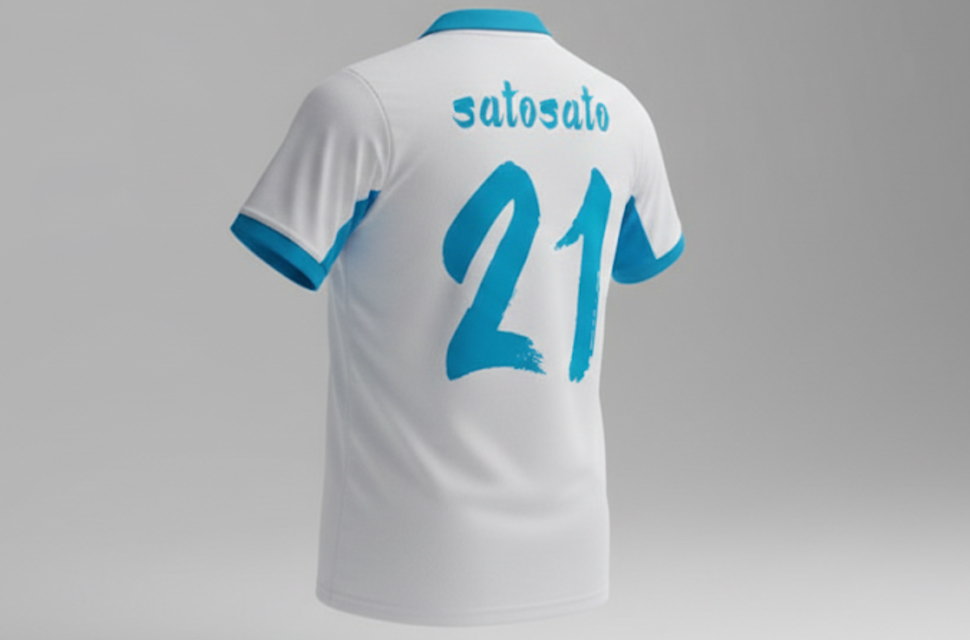 クラスTシャツの背番号・背ネームのデザイン例。筆文字風フォントを全面昇華プリントで仕上げた、耐久性の高いスポーツウェア仕様。