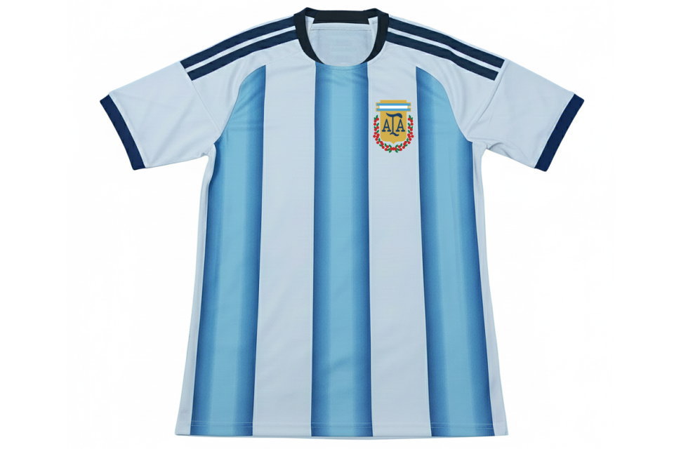 アルゼンチン代表風のオーダーメイドサッカーユニフォーム前面。水色と白のストライプが鮮やかなフル昇華プリント。左胸にチームロゴ入り。