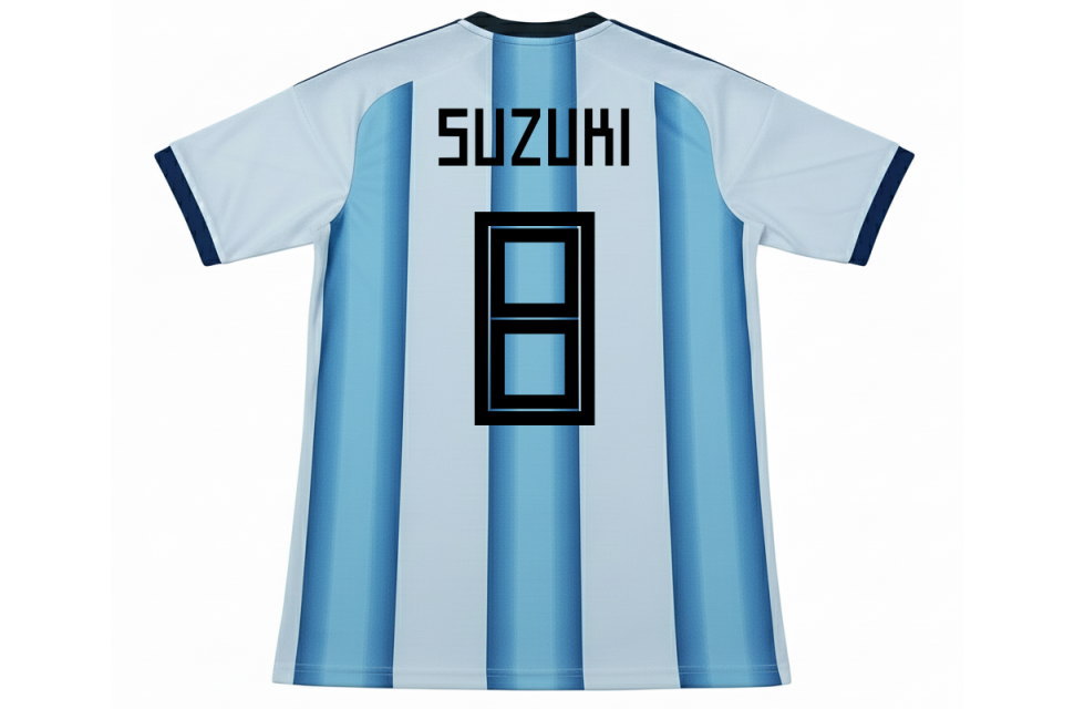 フルオーダーサッカーシャツの背面デザイン。黒の選手名（SUZUKI）と背番号8が昇華プリントされた、山形県のチーム様制作事例。