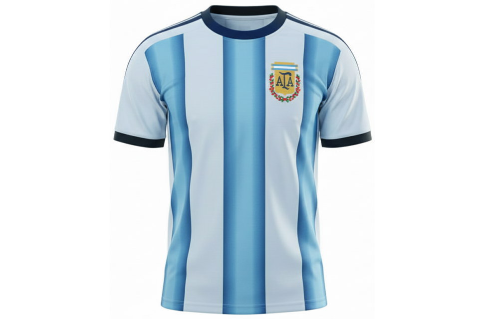 アルゼンチン代表優勝モデル風サッカーユニフォームの3Dイメージ。クラスTシャツや大学サークルで人気のスタイリッシュなシルエット。