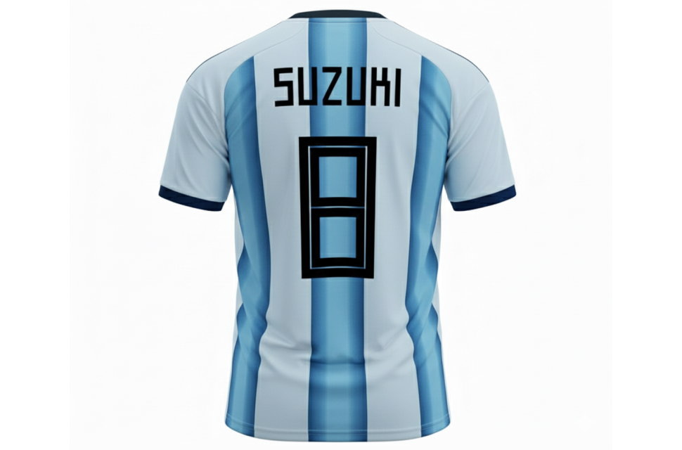 サッカーユニフォーム背面の3D完成見本。全面昇華プリントにより、ストライプ柄と背番号・ネームが一体化した高品質な仕上がり。