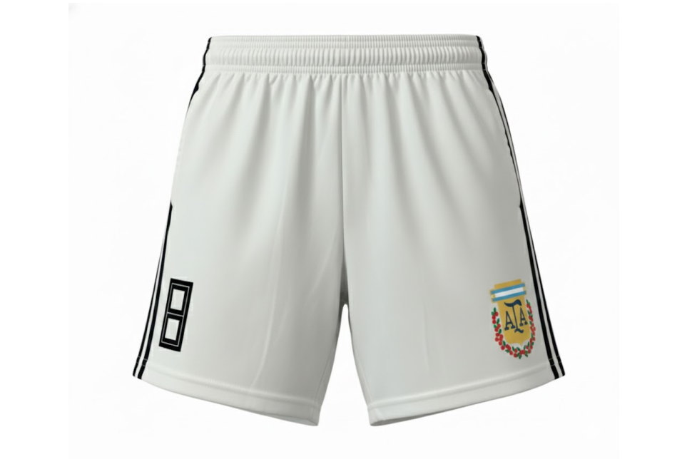 ホワイトを基調としたオーダーメイドスポーツパンツの3Dモデル。フットサルチームや企業イベント用ユニフォームとして人気のデザイン。