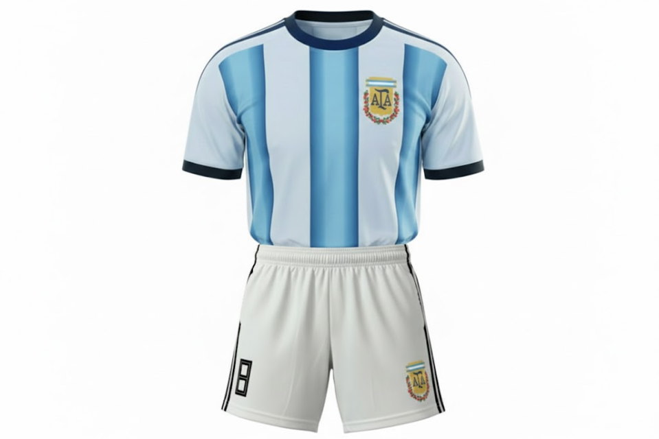 アルゼンチン代表風サッカーユニフォーム上下セット。2022年W杯優勝記念モデルを彷彿とさせる、世界に一つだけのフルオーダー事例。