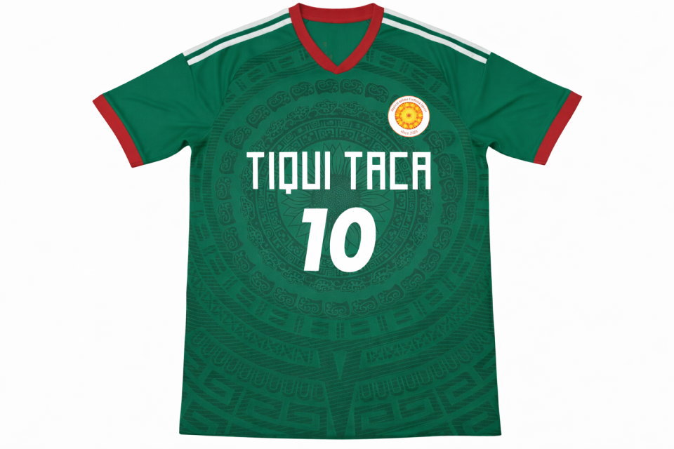 茨城県のチームオーダー作成 サッカーメキシコ代表風デザインのフルオーダーユニフォーム シャツ前面 平置き