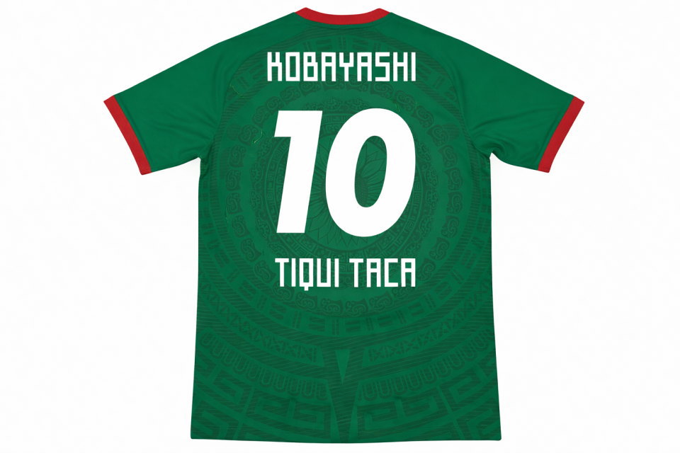 サッカーユニフォームの背番号・個人名名入れ 昇華プリントで仕上げたメキシコ代表風デザイン 背面 平置き