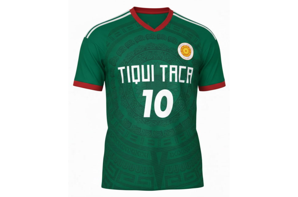 クラスTシャツやサークルで人気のメキシコ代表風サッカーシャツ Vネックとアステカ模様のデザイン前面