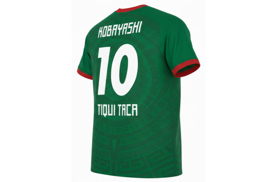 サッカーユニフォームのオーダーメイド制作 背中のチーム名と選手名のホワイトプリント仕上げ 背面斜め