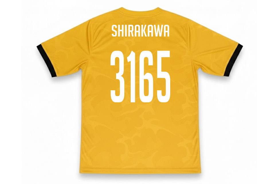 クラスTシャツの背面デザイン。一人ひとり異なる背ネームと4桁の背番号をプリント。特殊記号や外国語にも対応したサッカーシャツのオーダー事例。