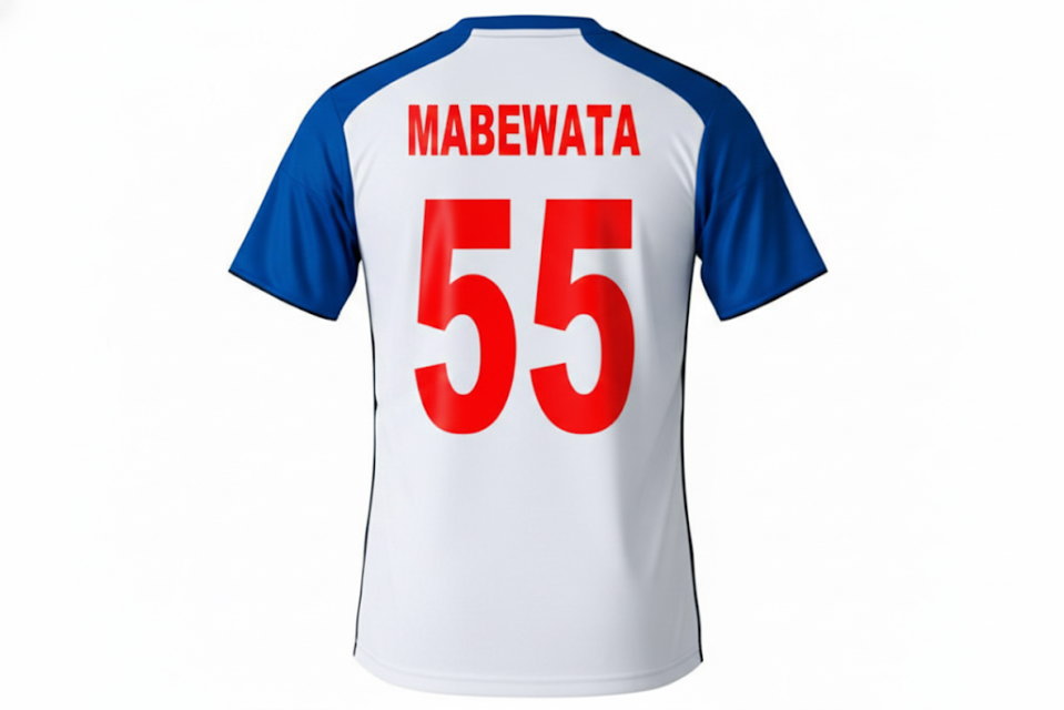 背番号と背ネームをカスタマイズしたサッカーシャツの背面。4桁までの数字や外国語・記号もプリント可能なクラスTシャツ制作例。東京の大学生から注文を受けた青白赤の3色デザイン。