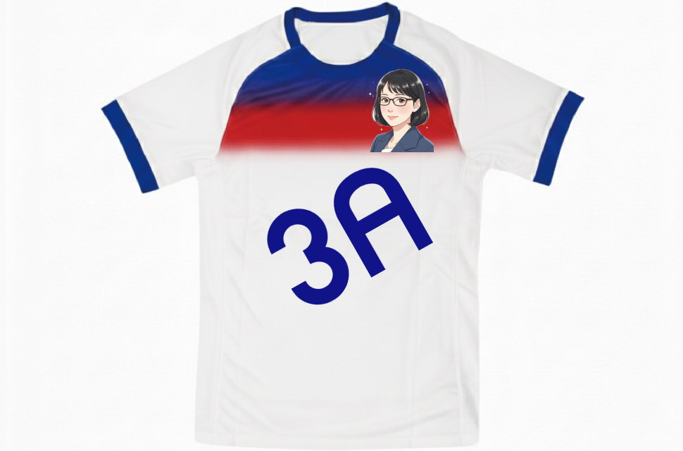 クラスTシャツ サッカー イングランド代表風デザイン 前面 先生の似顔絵イラストとクラス名3Aの昇華プリント 栃木県高校制作事例